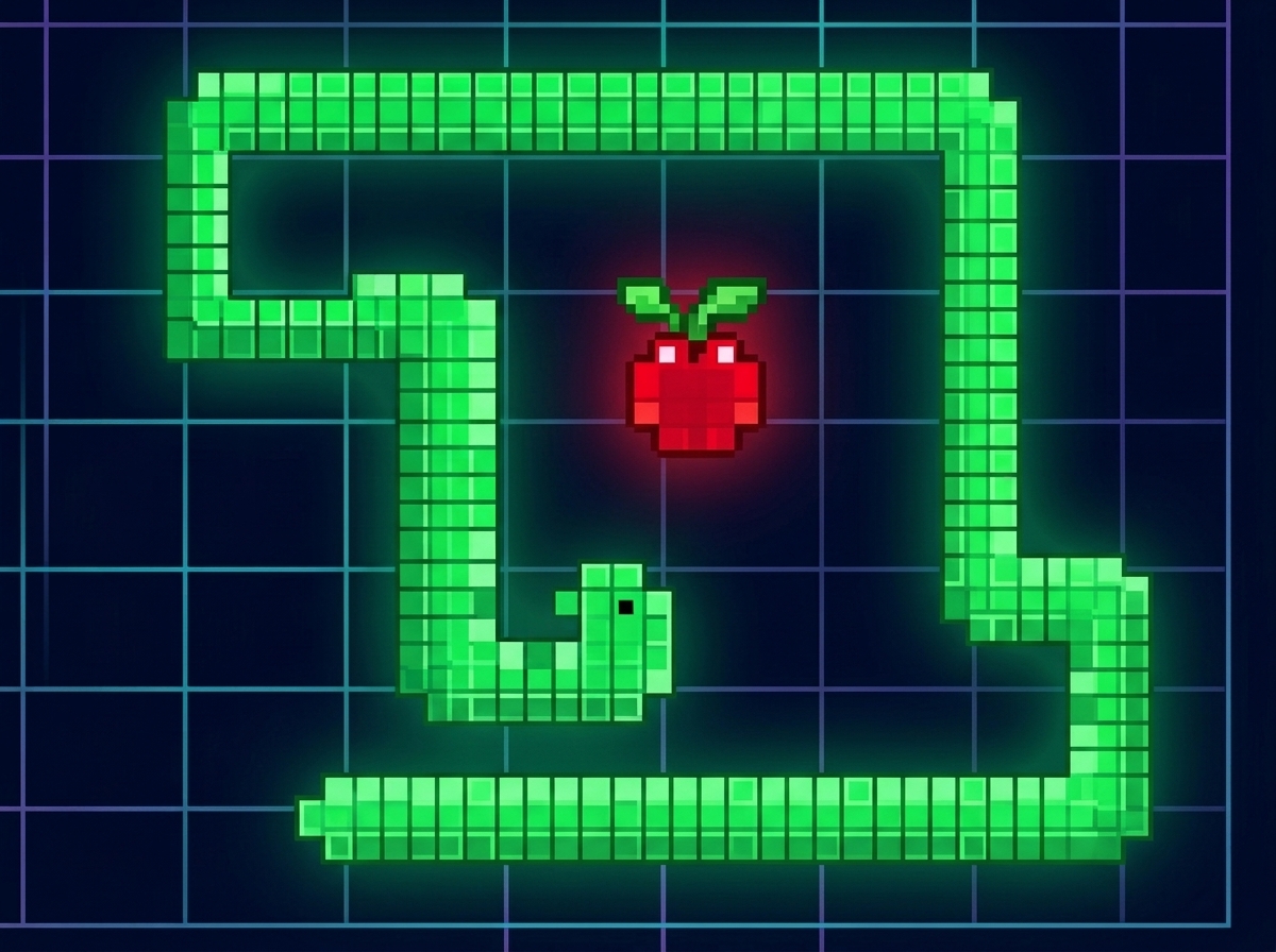 Snake by QADREK — Clásico arcade con serpiente pixel art en neón verde y manzana roja